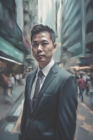 Portrait of a handsome asian businessman in the city. Vintage style.の素材