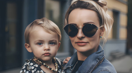 Beautiful young mother and her cute little son in stylish sunglasses.の素材