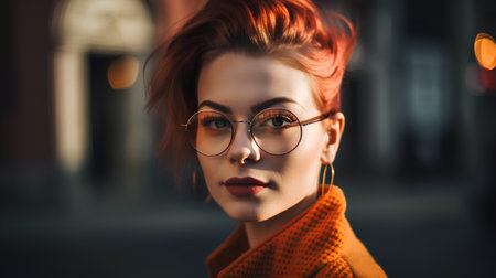 Close up portrait of a beautiful young woman with red hair in glassesの素材