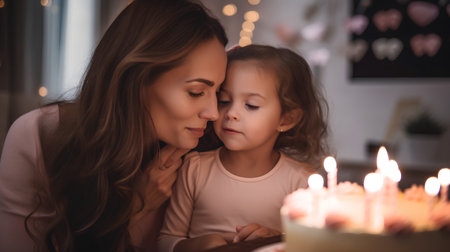 Beautiful young mother and her cute little daughter blowing candles on birthday cakeの素材