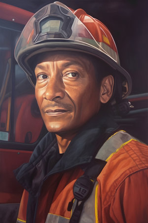 Firefighter portrait in front of a fire engine.                  .の素材