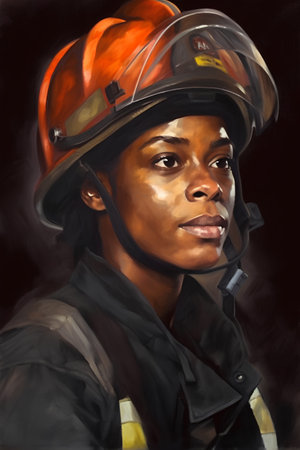 Portrait of a black African American firefighter in uniform and helmet.の素材
