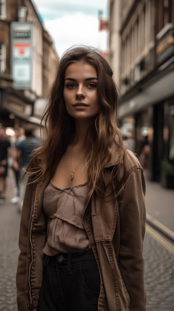 Outdoor portrait of beautiful young woman walking on the city street.の素材