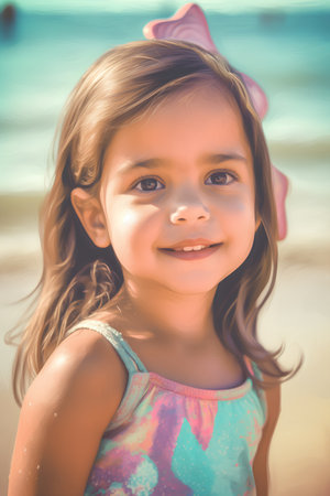 Portrait of a smiling little girl on the beach. Selective focus.の素材