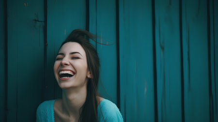 Portrait of a laughing young woman on a blue wooden background.の素材