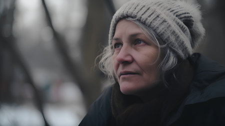 Portrait of a middle-aged woman in winter clothes in the cityの素材