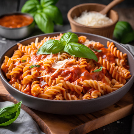 Pasta with tomato sauce, parmesan cheese and basil in a bowl on a wooden board.の素材