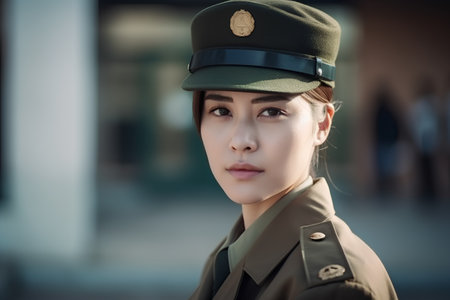 A shot of a beautiful asian woman in a military uniform.の素材