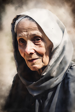 Portrait of an old woman with white veil. Vintage style.の素材