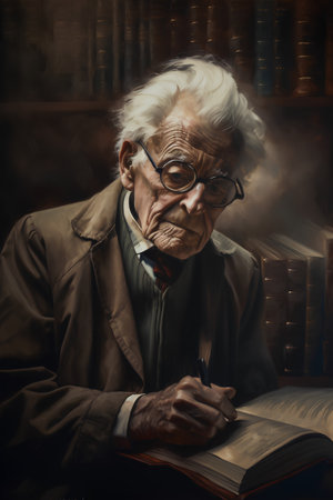 Portrait of an old man with a book in his hands.の素材