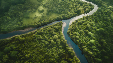 Aerial view of the river and forest. Beautiful nature background.の素材