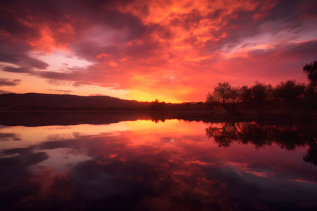 Sunset over a lake with trees reflected in the water, Spainの素材
