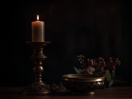 Burning candle and antique candlestick on a dark background.の素材