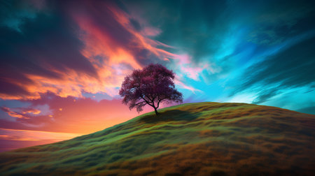 Lonely tree on a hill at sunset, 3d renderの素材