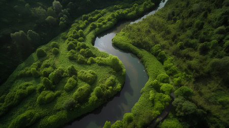 Aerial view of a small river in the middle of green forestの素材
