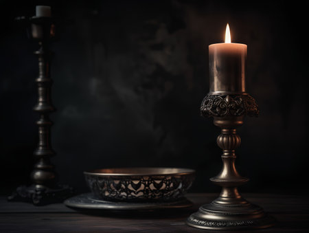 Vintage candlestick with burning candle on a wooden table.の素材