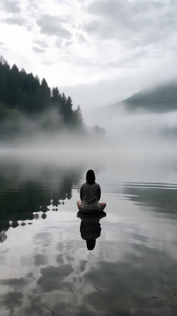 Man meditating on a lake in the morning, with fog in the backgroundの素材
