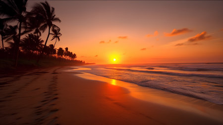 Beautiful sunset on the beach with palm trees in Sri Lanka.の素材
