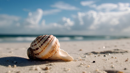 Seashell on the sandy beach against the background of the sea and skyの素材