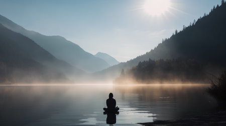 man sitting on a boat on lake in the morning mist at sunriseの素材