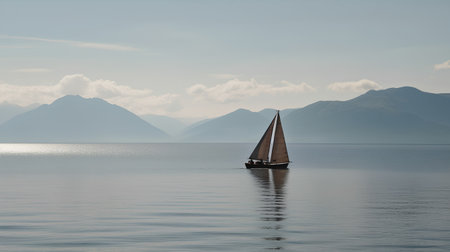 Sailboat in the sea, with mountains in the background.の素材