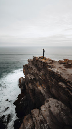 Man standing on the edge of a cliff and watching the ocean.の素材