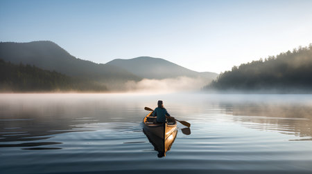 Man rowing a canoe on a foggy lake in the mountainsの素材