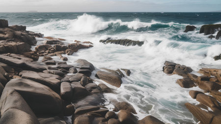 Beautiful seascape with stormy waves crashing on the rocks.の素材