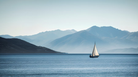 Sailing yacht in the sea with mountains in the background, New Zealandの素材