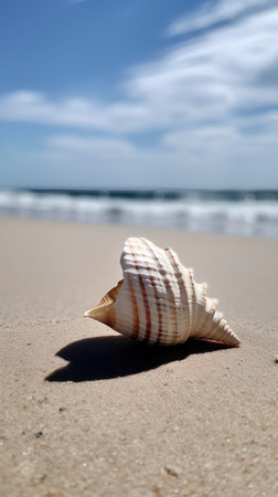 Seashell on the sandy beach against the background of the sea and skyの素材