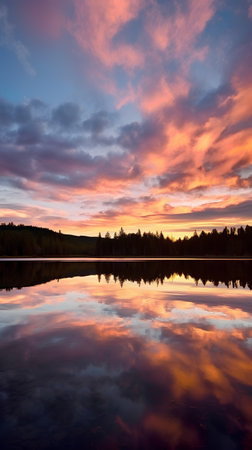 Beautiful sunset over the lake with reflection in water. Finland.の素材