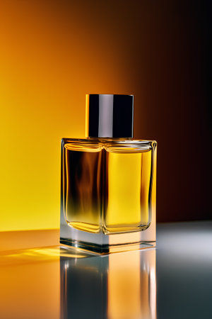 Perfume bottle on a dark background. 3d rendering.の素材