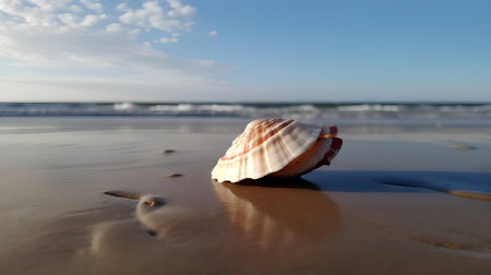 Seashell on a sandy beach with the sea in the backgroundの素材