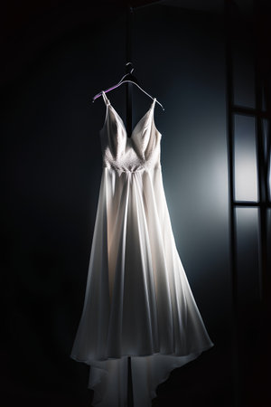 Wedding dress hanging on a hanger in a dark roomの素材