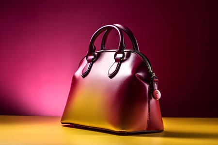 Fashionable leather women's handbag on a colored background.の素材