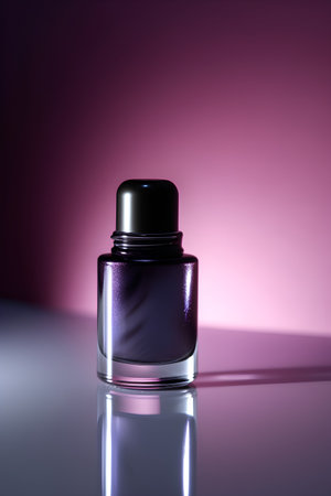 Nail polish bottle on a purple background with a beautiful shadow.の素材