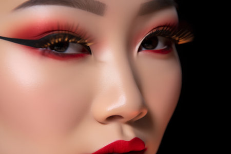 Close-up of the face of a female doll with bright make-upの素材