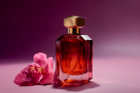 Perfume bottle with pink orchid flower on a purple backgroundの素材