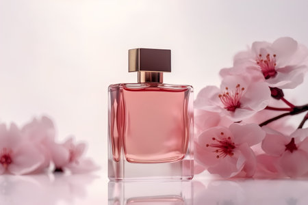 Perfume bottle with pink cherry blossoms on a white backgroundの素材