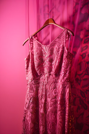 Women's evening dress on a hanger on a pink background.の素材