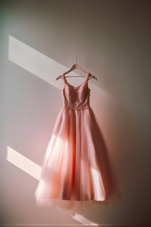 Wedding dress on a hanger in the room with sunlightの素材