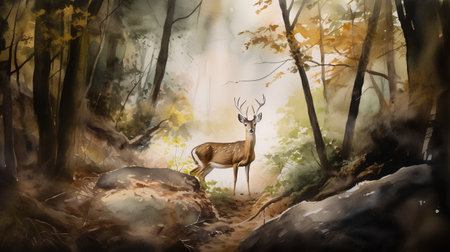 Digital painting of a whitetail deer standing in the woods.の素材