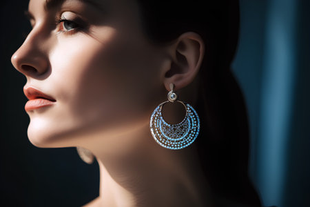 Closeup portrait of beautiful woman in earring. Luxury jewelry.の素材