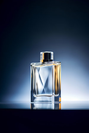 Perfume bottle on a dark background. 3d illustration.の素材