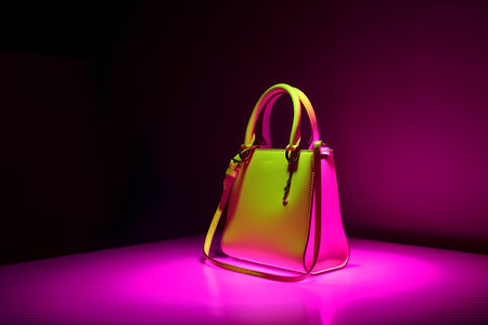 Fashionable women's handbag in neon light. 3D rendering.の素材