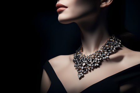 Close-up portrait of a beautiful woman with luxury jewelry on black backgroundの素材