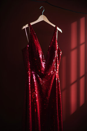 Wedding dress hanging on a hanger in a dark roomの素材