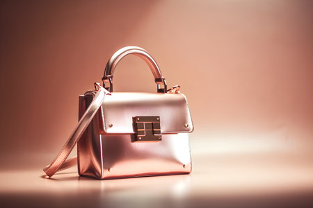 Luxury female leather handbag on a beige background.の素材