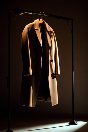 Brown coat on a mannequin in a dark room with spotlightの素材