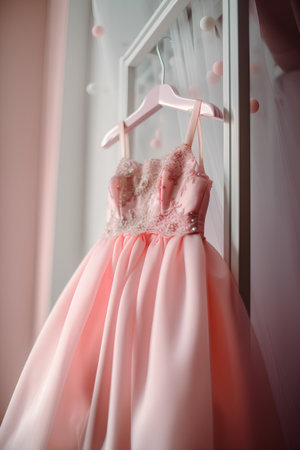 Wedding dress hanging on a hanger in a room.の素材